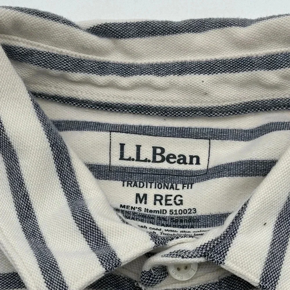 Men's LL Bean Traditional Fit white blue‎ Stripe Polo Medium